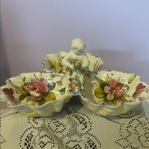 Floral Italian style centerpiece Dish with Cherub- shell shape Victorian look